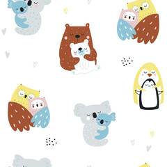 Seamless childish pattern with hugging animals. Kids cute texture for fabric, textile. Vector illustration
