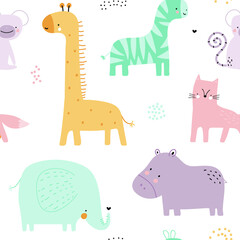 Seamless childish pattern cartoon with giraffe, cat, elephant, zebra, monkey, rhino. Funny zoo texture. Perfect for fabric, textile. Creative Vector background