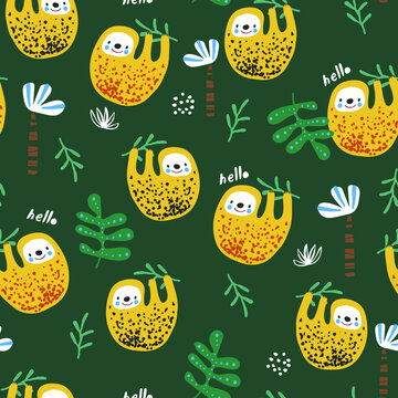Seamless childish jungle pattern with baby sloth jungle florals. Perfect for fabric,textile. Creative Vector green background