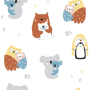 Seamless Childish Pattern With Hugging Animals. Kids Cute Texture For Fabric, Textile. Vector Illustration