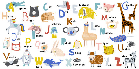 Cartoon abc childish collection. Letters with cute animals. Alphabet decorative. Great for education, poster, wall art. - obrazy, fototapety, plakaty