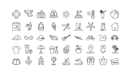 Summer line icon set, collection of travel symbols, vector sketches, logo illustrations, beach icons, tourist signs, linear pictogram package isolated on a white background