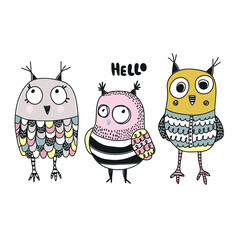 Cute hand drawn owls childish print. Perfect for t-shirt, apparel, cards, poster, nursery decoration. Vector Illustration