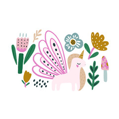Adorable hand drawn fairy unicorn with wings illustration with  florals. Great for poster, cards, apparel