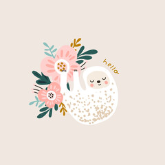 Cute baby sloth hanging on a beautiful flower. Great for kids apparel, nursery decoration.  © solodkayamari