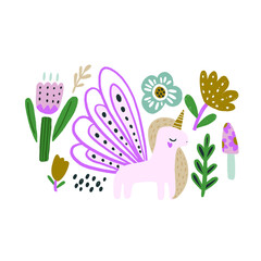 Adorable hand drawn fairy unicorn with wings illustration with  florals. Great for poster, cards, apparel