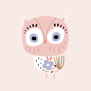Cute  cartoon owl bird. Creative floral owl  isolated. Great for poster, wall art, sticker, apparel print.