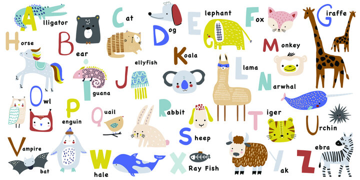 Cartoon abc childish collection. Letters with cute animals. Alphabet decorative. Great for education, poster, wall art.