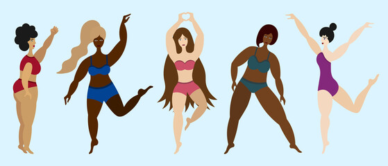 Women of different cultures and skin tones. Gaze. Collection of vector illustrations. Ladies dance and play sports. Body positive. Isolated blue background. Flat style. Girls of various ages