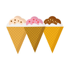 Set of three ice cream cones on white background for web design