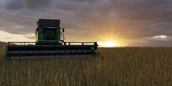 3d harvester on the field, 3d rendering concept for advertising