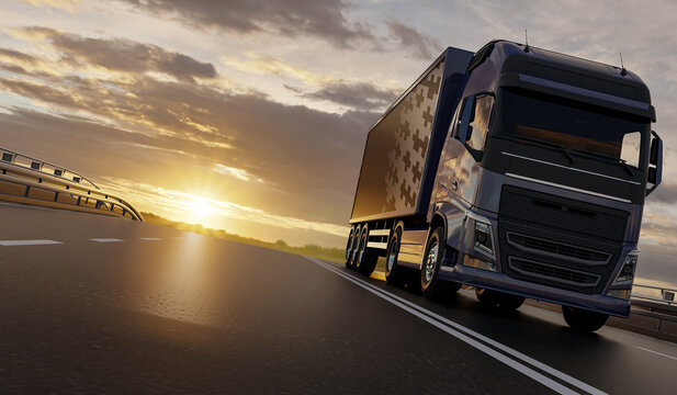 3d  truck on the road travels to the sun, cargo transportation concept	
