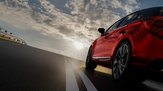3d car sedan rides on the road to meet the sun, concept 3d render for advertising auto products	