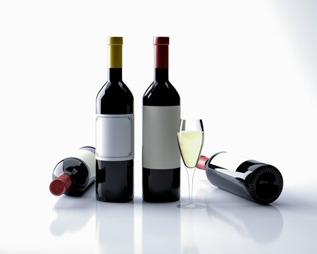 3d wine bottles and glass, 3d rendering concept for advertising