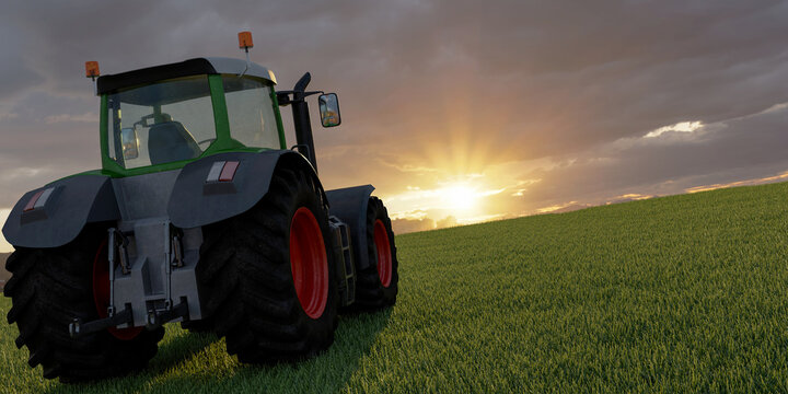3d tractor on the field, 3d rendering concept for advertising
