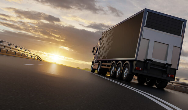 3d  truck on the road travels to the sun, cargo transportation concept	