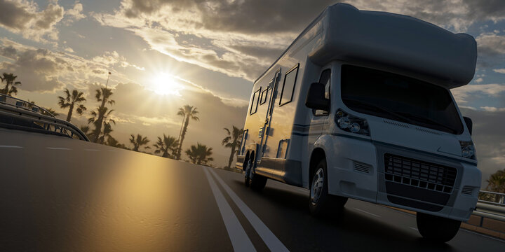 3d car motorhome driving on the road, 3d rendering concept for advertising