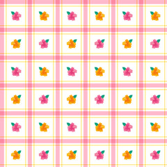 Cute Hibiscus Flower leaf Element Orange Yellow Pink Green Stripe Striped Line Tilt Checkered Plaid Tartan Buffalo Scott GinghamPattern Illustration Wrapping Paper, Picnic Mat, Tablecloth, Fabric BG