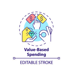 Value based spending concept icon. Shopping. Customer behavior trend abstract idea thin line illustration. Isolated outline drawing. Editable stroke. Arial, Myriad Pro-Bold fonts used