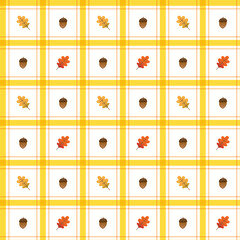 Cute Oak Leaf Acorn Autumn Fall Element Red Yellow Orange Brown Stripe Striped Line Tilt Checkered Plaid Tartan Scott GinghamPattern Illustration Wrapping Paper, Picnic Mat, Tablecloth, Fabric BG