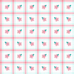 Cute Sakura leaf Element Pink Blue Stripe Striped Line Tilt Checkered Plaid Tartan Buffalo Scott Gingham Pattern Illustration Wrapping Paper, Picnic Mat, Tablecloth, Fabric Background