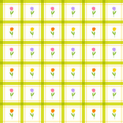 Cute Tulip leaf Branch Stalk Stick Element Pink Purple Lilac Violet Yellow Orange Green Stripe Striped Line Tilt Checkered Plaid Tartan Buffalo Scott GinghamPattern Illustration Wrapping Paper, Picnic