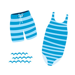 Blue striped children's swimwear and beach shorts. Flat vector cartoon illustration, clipart.