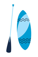 Surf or sup board with paddle. Flat vector cartoon illustration, clipart.