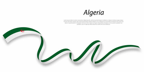 Waving ribbon or banner with flag of Algeria.