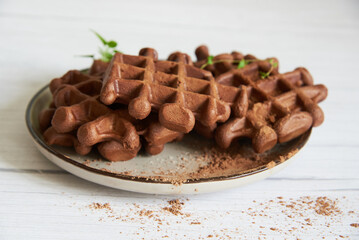 Delicious Belgian chocolate waffles on a ceramic plate on a light wooden countertop.