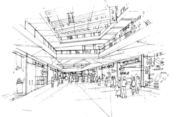 mall sketch drawing,Fashion shops and people walking around.,Modern design,vector,2d illustration