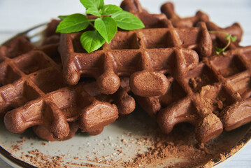 Delicious Belgian chocolate waffles on a ceramic plate on a light wooden countertop.