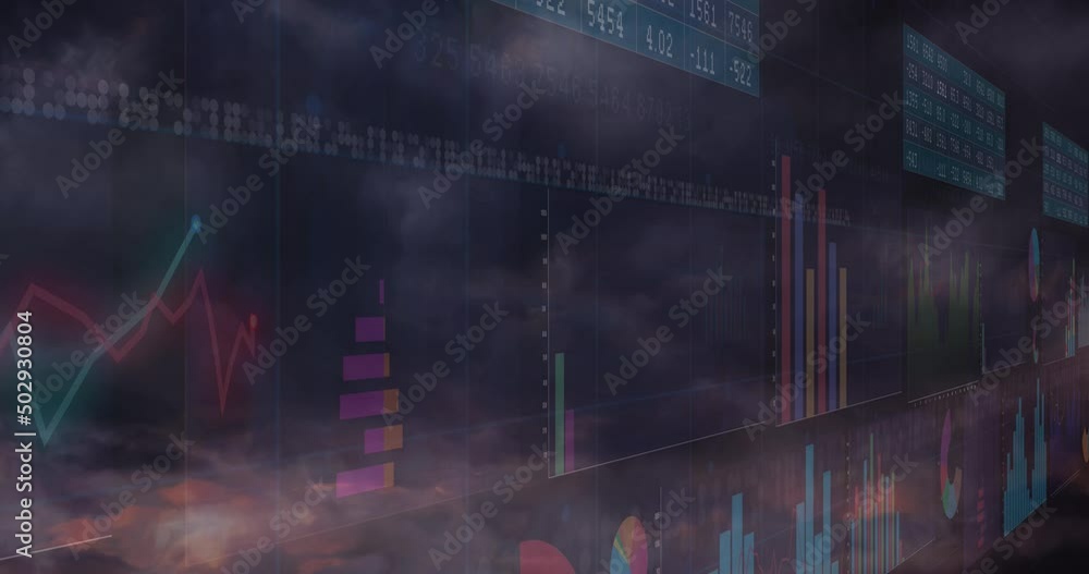 Aufkleber multiple screens with financial data processing against rain and dark clouds in the sky