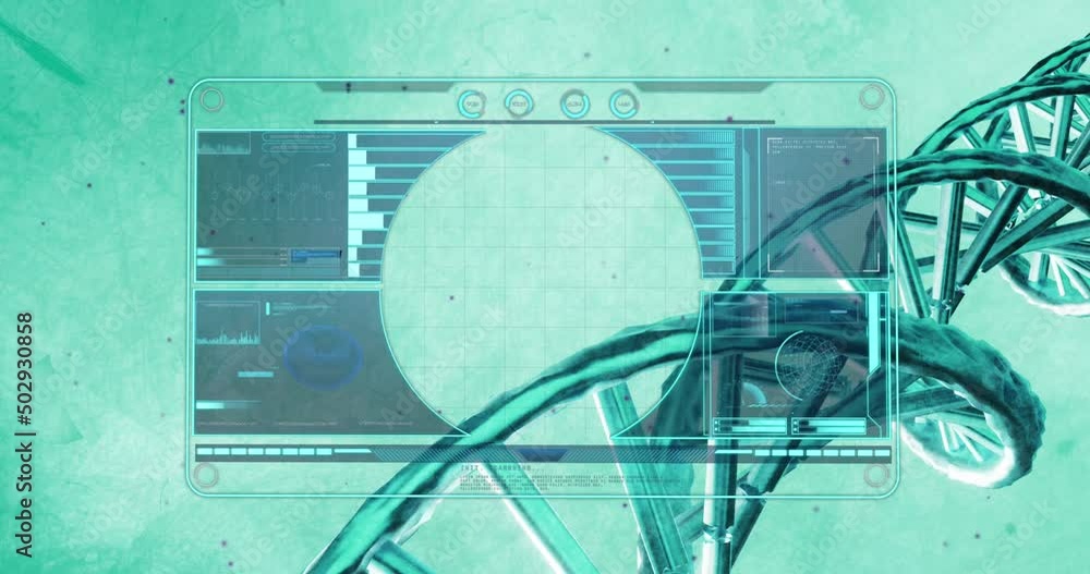 Poster digital interface with data processing over dna structure spinning against blue background