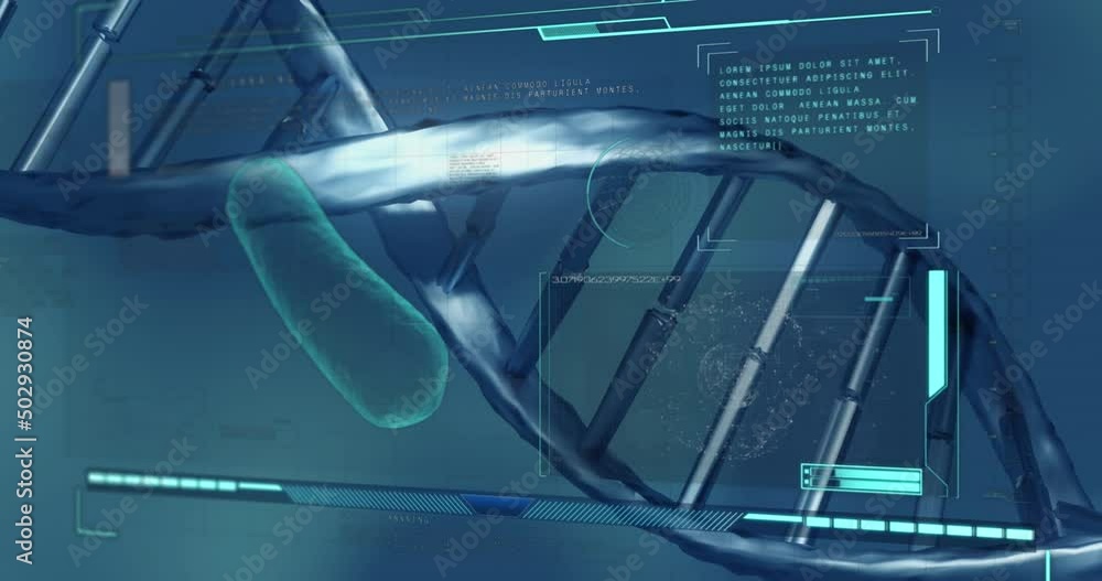 Poster digital interface with data processing against dna structure on blue background