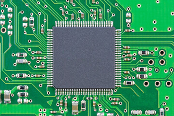 Processor or chip on the circuit board, as a background, texture, pattern. Copy space.