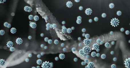 Covid-19 cells floating over dna structure spinning against grey background - Powered by Adobe