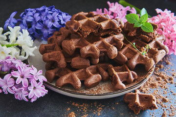 Chocolate Belgian waffles, sprinkled with cocoa, on a ceramic plate.