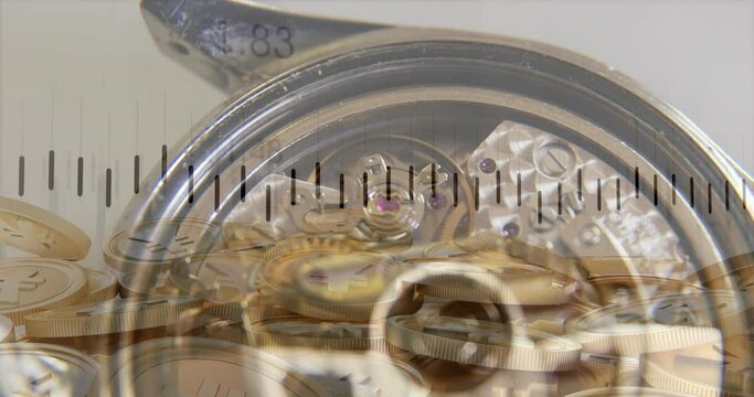 Financial data processing over close up of a watch and yen gold coins against grey background