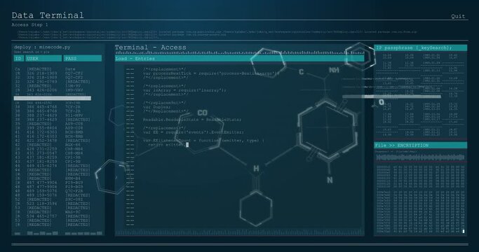 Chemical structures floating over digital interface with data processing against blue background