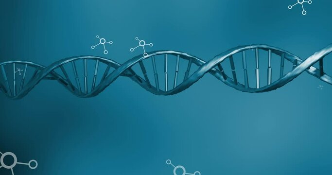 Molecular structures floating over spinning dna structure on blue background