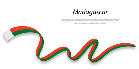 Waving ribbon or banner with flag of Madagascar .