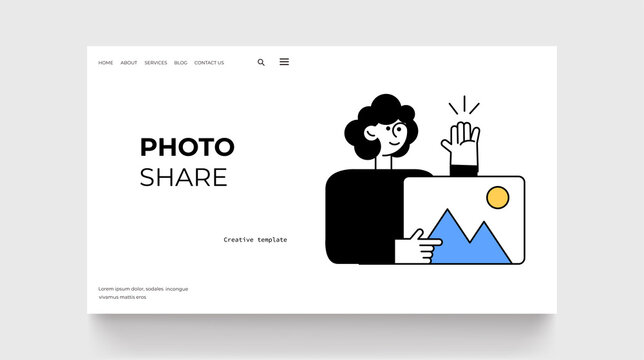 Photo share concept landing page. Woman with photo icon published image on social media. Outline style character