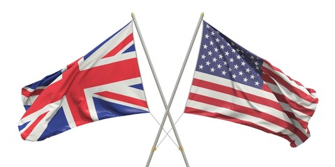 Flags of the USA and United Kingdom UK on light background. 3D rendering