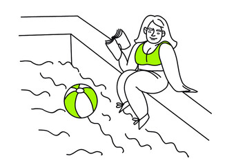 body positive girl with a ball reading book at the swiming pool 