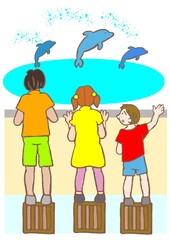 合理的配慮・平等　一律の支援はあるがそれでもまだイルカのショーが見えない男の子のイラスト