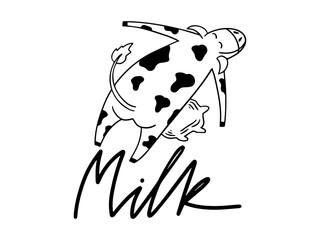 Cow milk hand drawn cute vector illustration. Isolated on white backgroud. Design for milk package, food market, farmer market