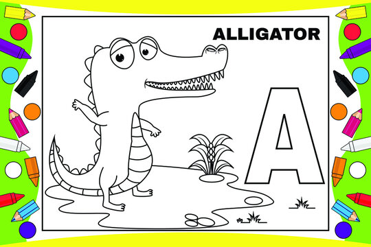 coloring alligator cartoon for kids