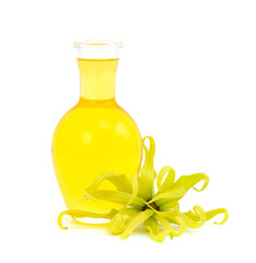 Ylang ylang flower and oil isolated on white background.