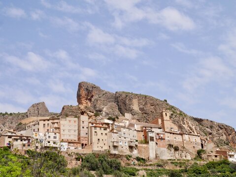 Panoramic view of Ayna, charming town nestled in the Sierra mountains. Castile La Mancha, Spain.
